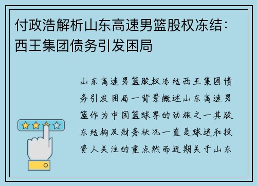 付政浩解析山东高速男篮股权冻结：西王集团债务引发困局